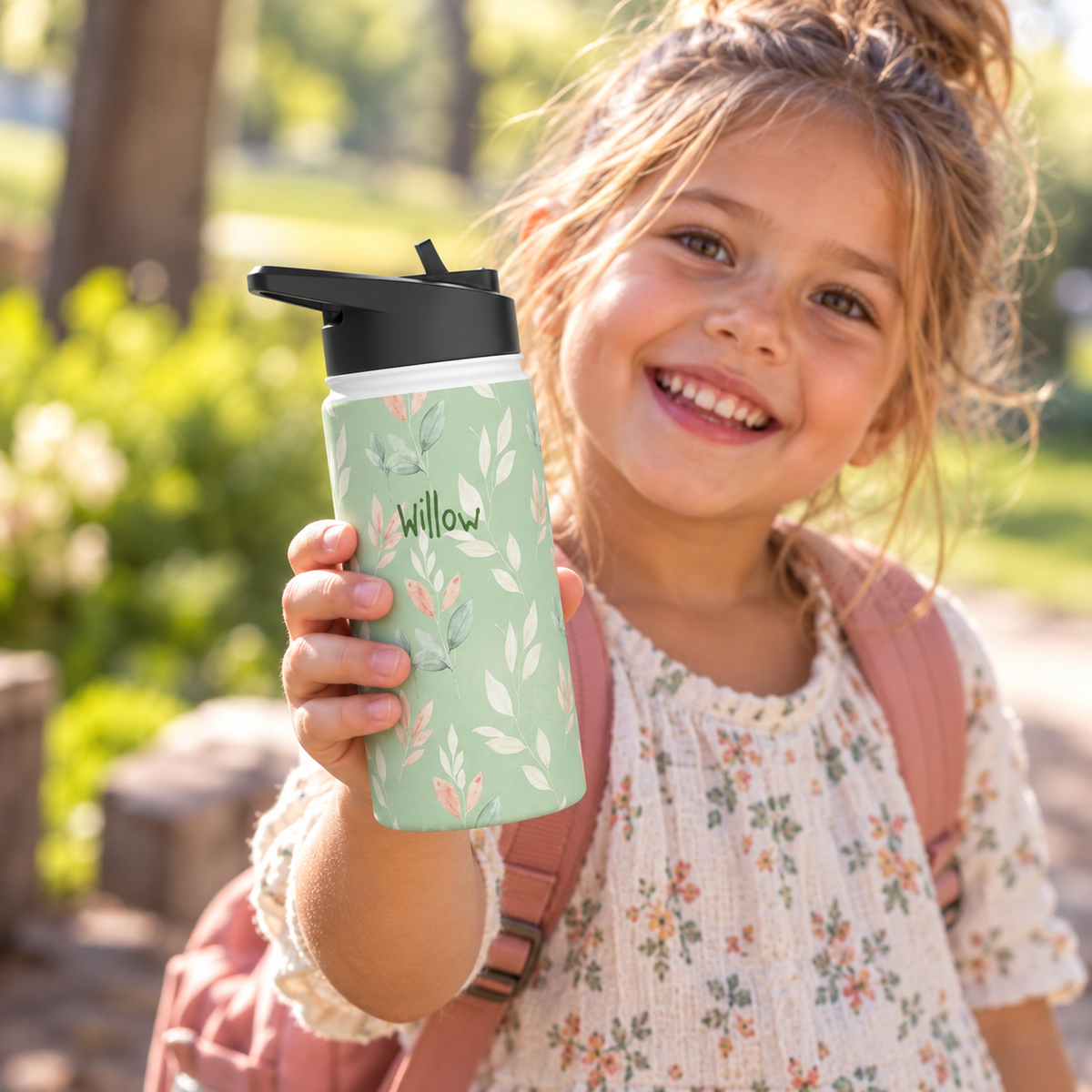 Personalized Water Bottle - Sage Green Leaf Custom Name