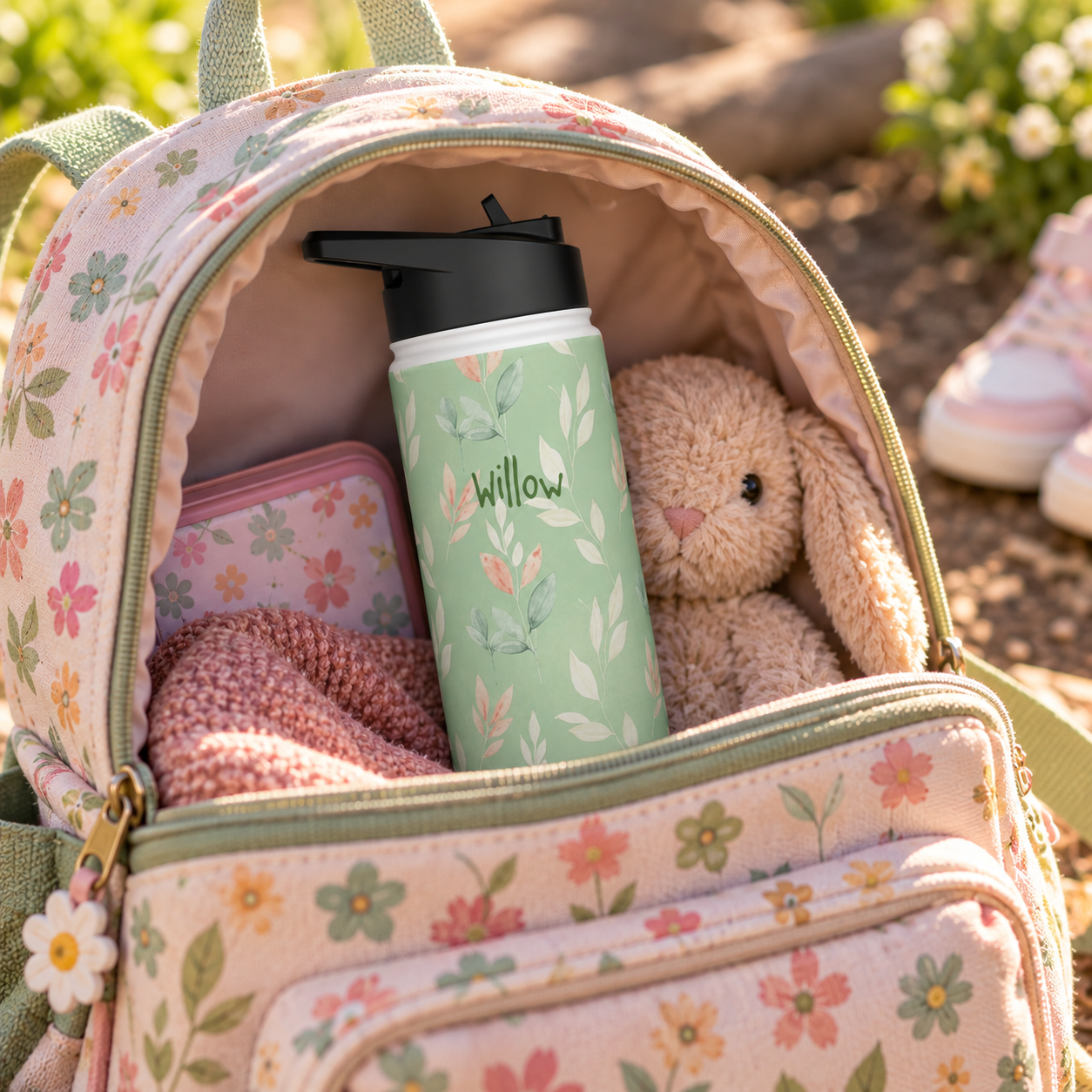 Personalized Water Bottle - Sage Green Leaf Custom Name