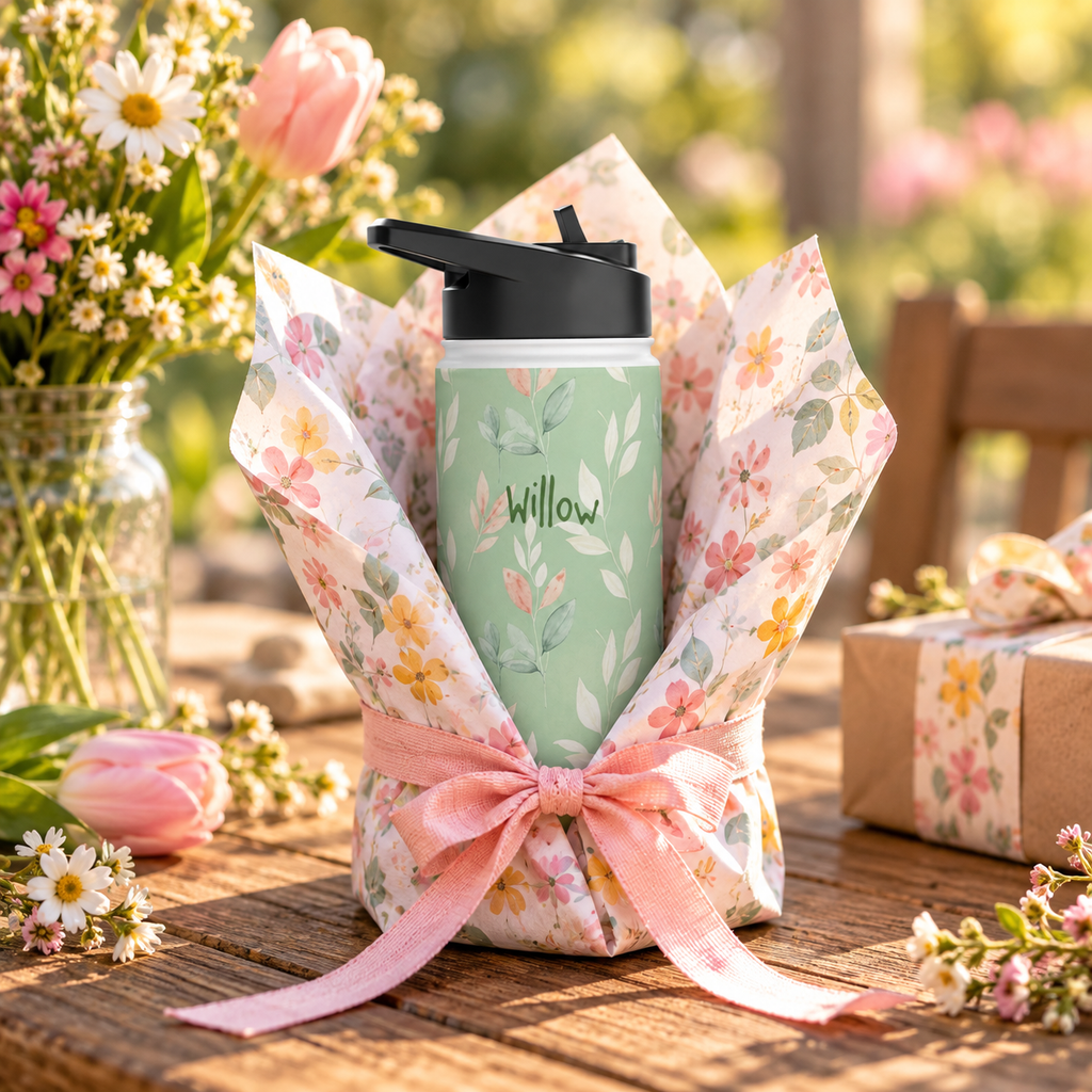 Personalized Water Bottle - Sage Green Leaf Custom Name