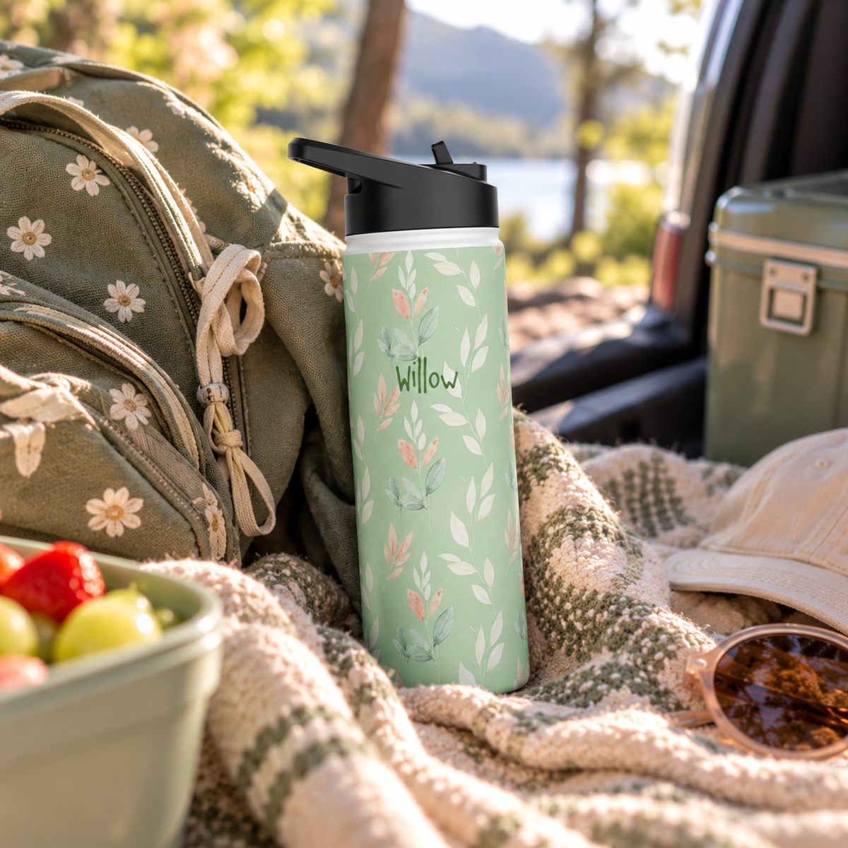 Personalized Water Bottle - Sage Green Leaf Custom Name