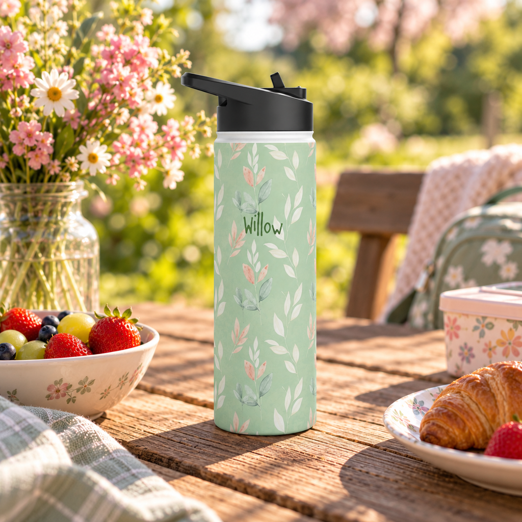 Personalized Water Bottle - Sage Green Leaf Custom Name