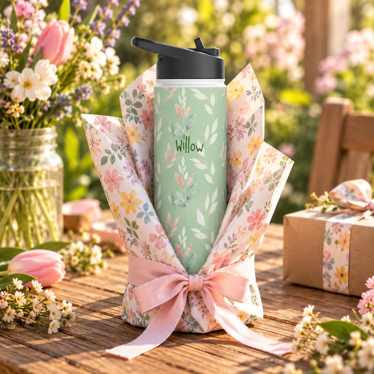 Personalized Water Bottle - Sage Green Leaf Custom Name