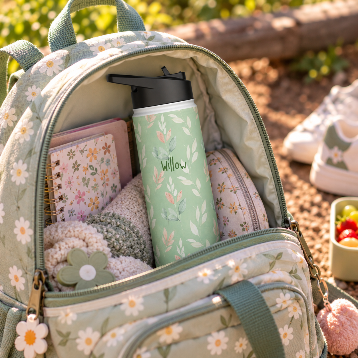Personalized Water Bottle - Sage Green Leaf Custom Name