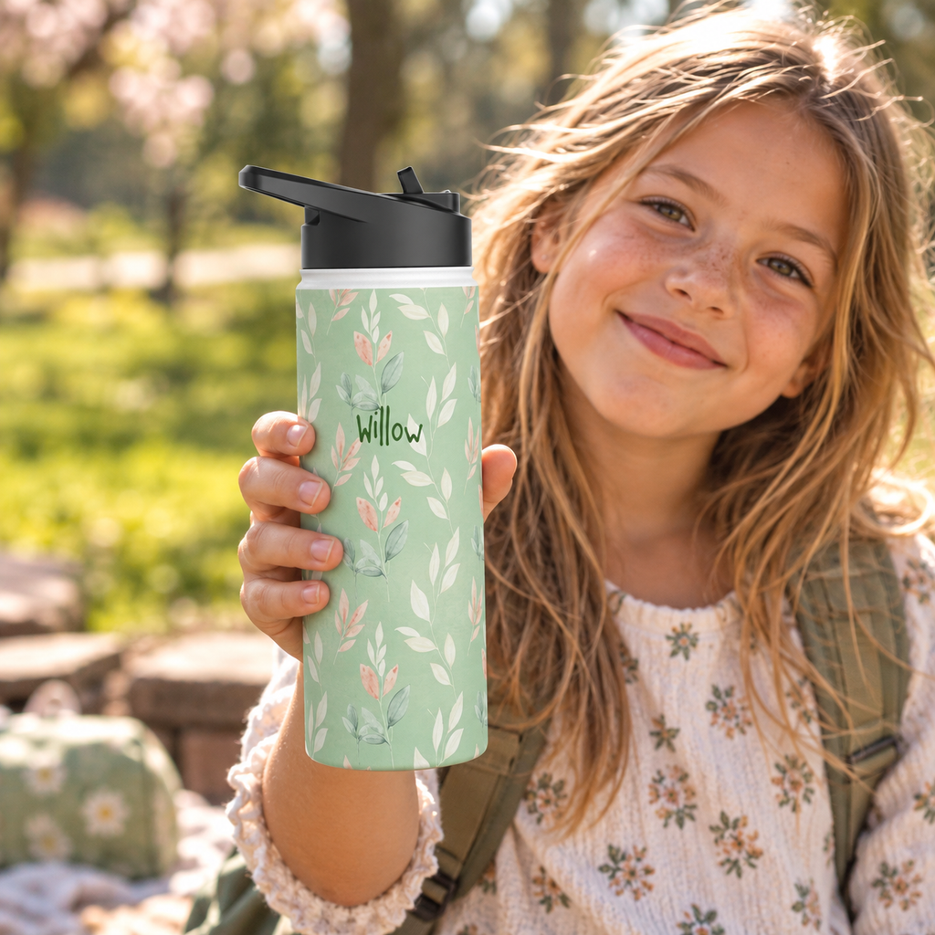 Personalized Water Bottle - Sage Green Leaf Custom Name
