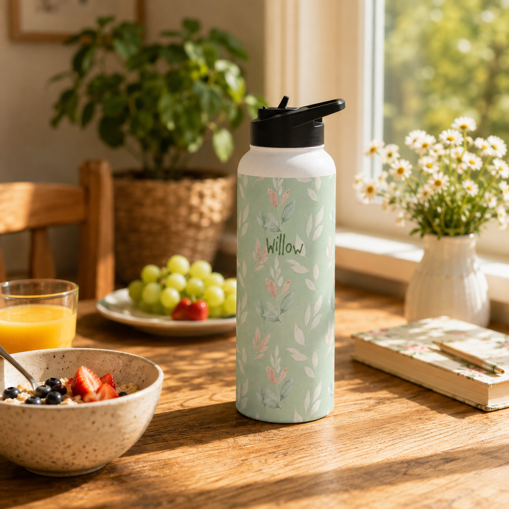 Personalized Water Bottle - Sage Green Leaf Custom Name