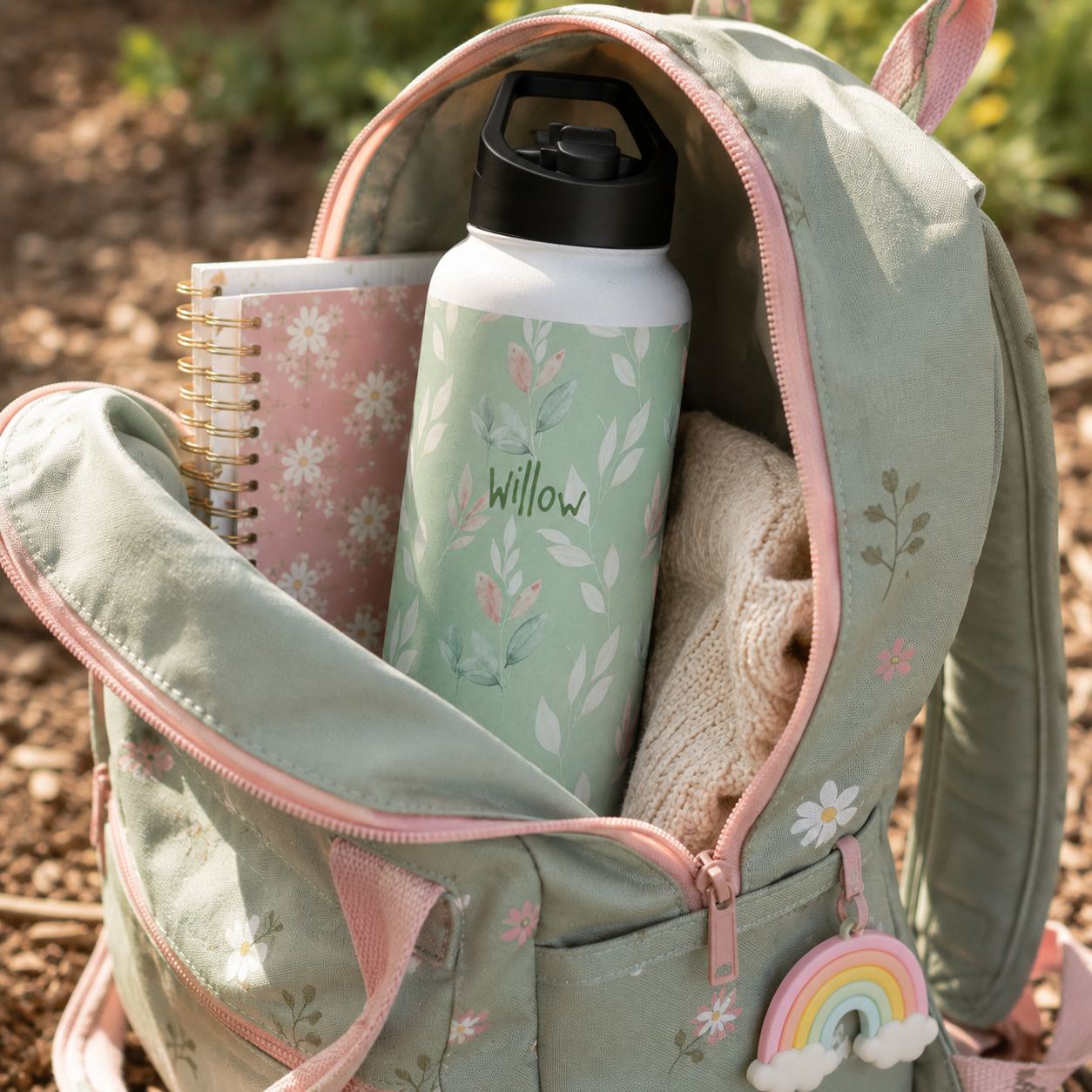 Personalized Water Bottle - Sage Green Leaf Custom Name