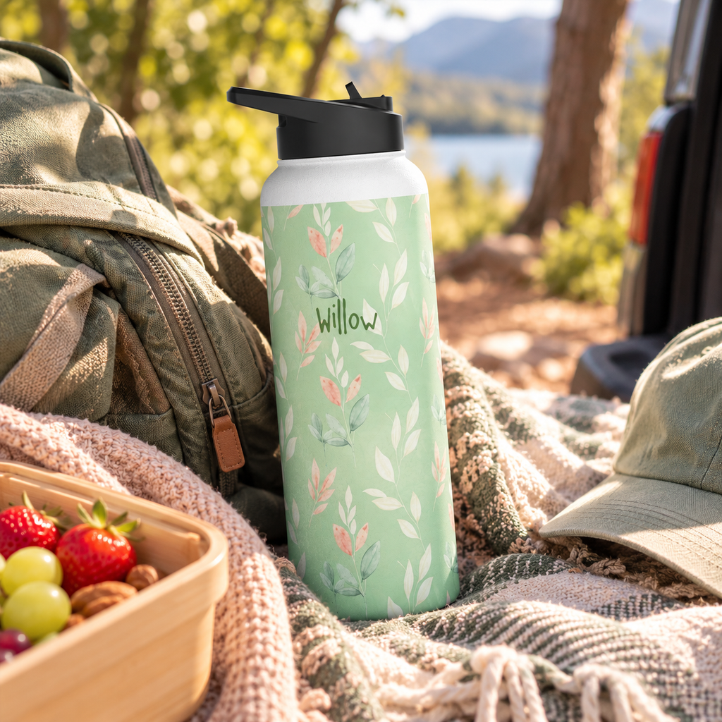 Personalized Water Bottle - Sage Green Leaf Custom Name