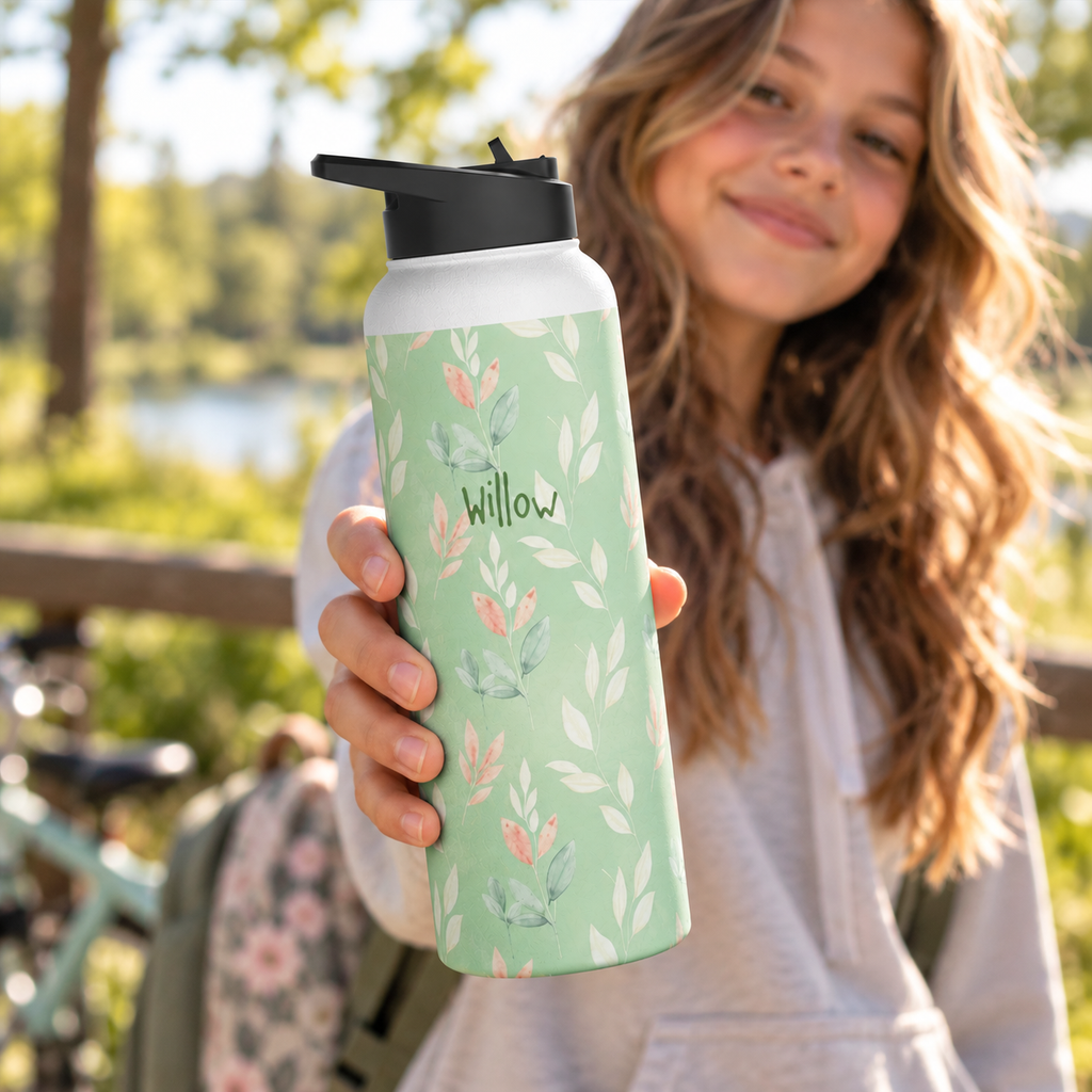 Personalized Water Bottle - Sage Green Leaf Custom Name