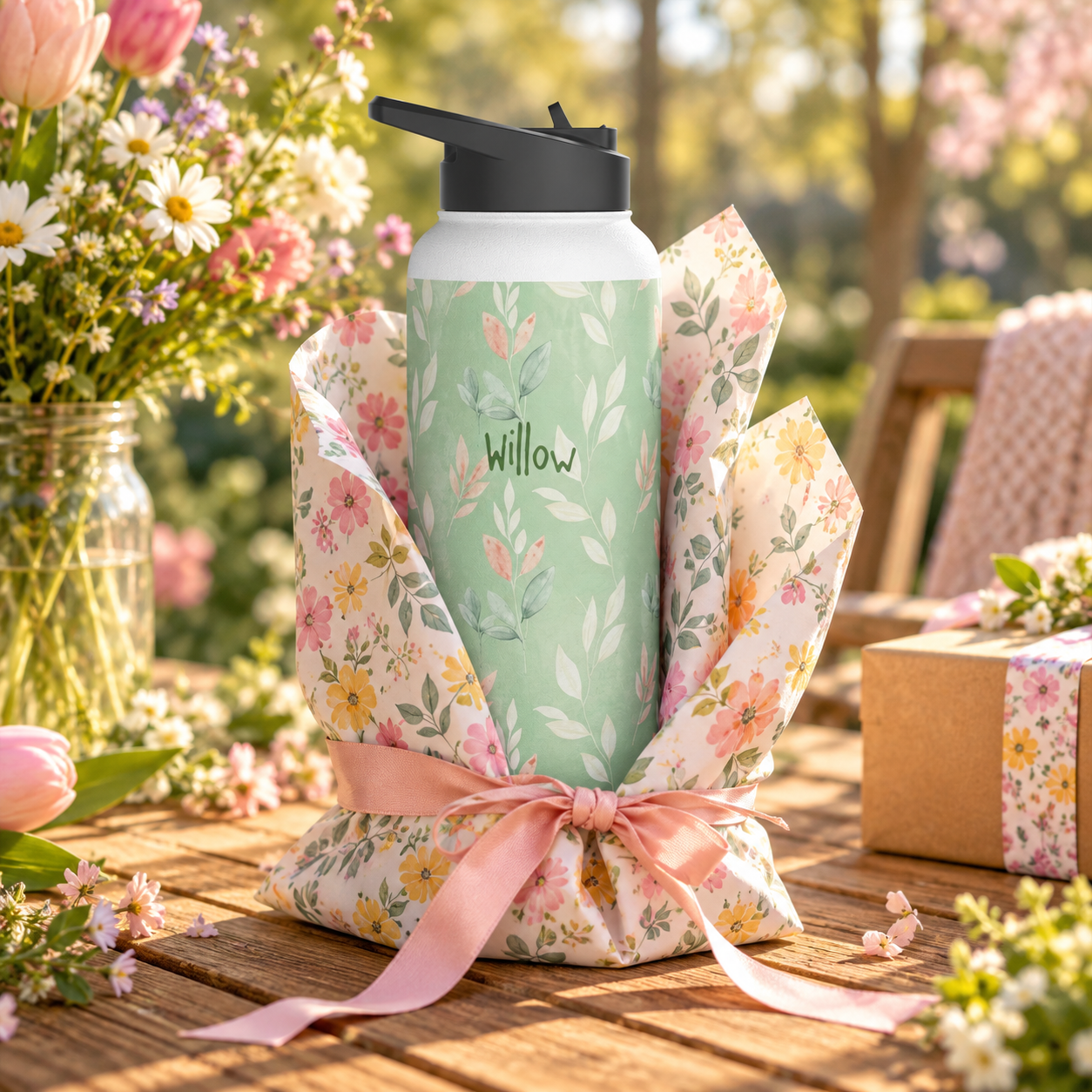 Personalized Water Bottle - Sage Green Leaf Custom Name