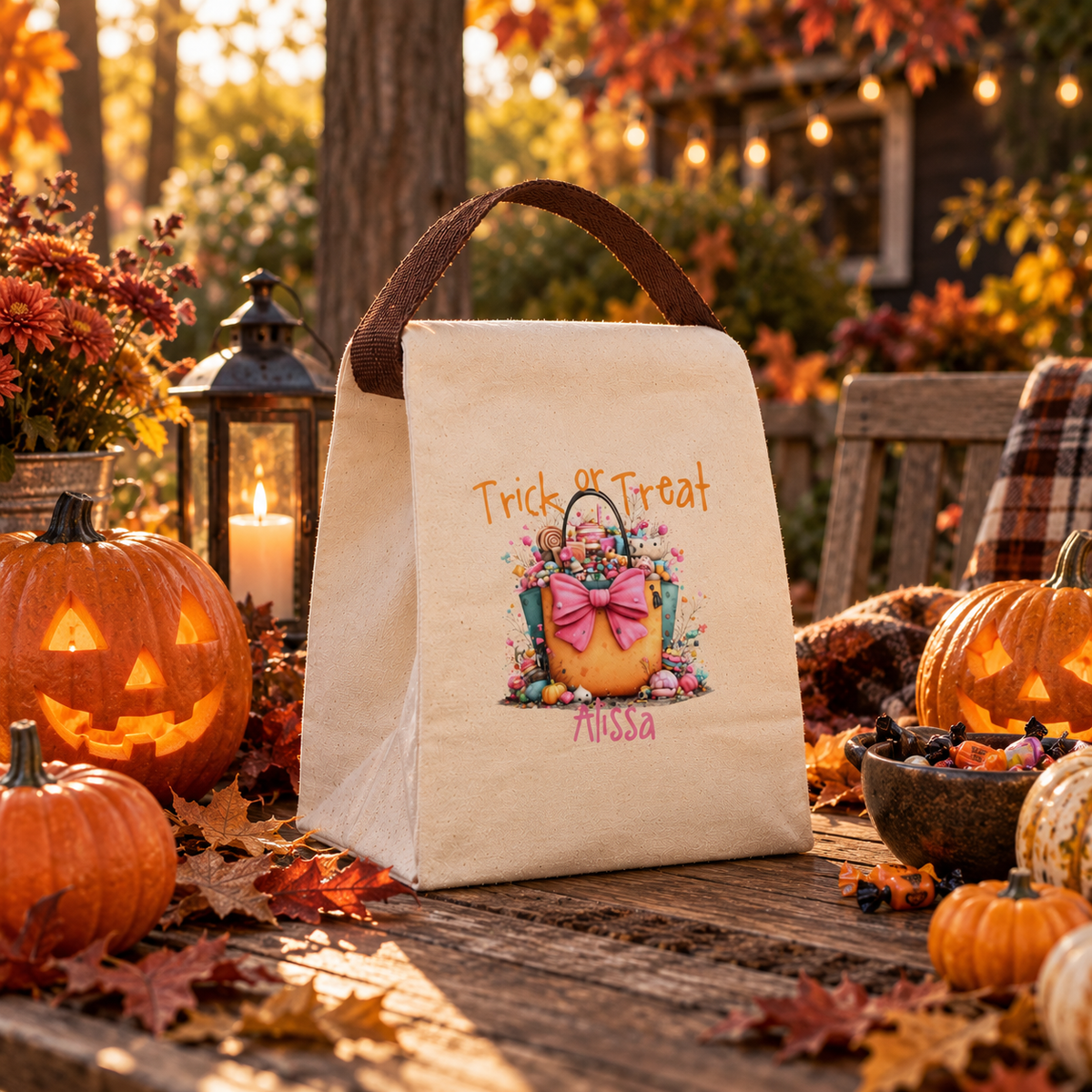 Personalized Trick or Treat Candy Tote Canvas Lunch Bag - Custom Name