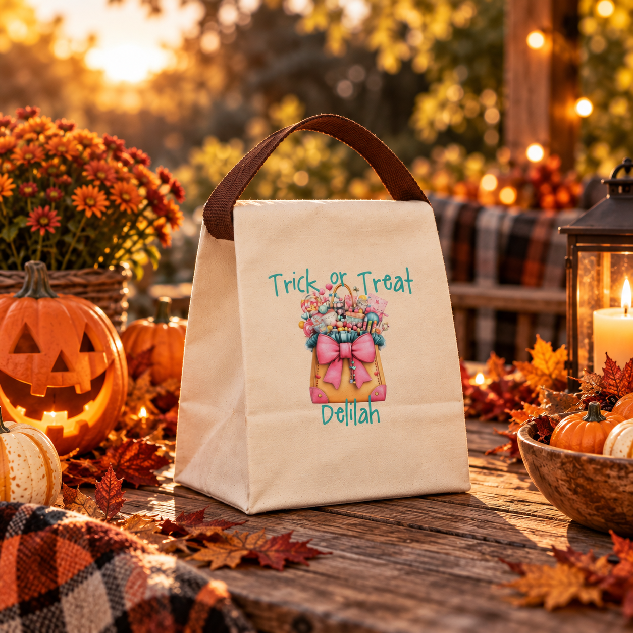 Personalized Trick or Treat Candy Tote Canvas Lunch Bag - Teal Bow