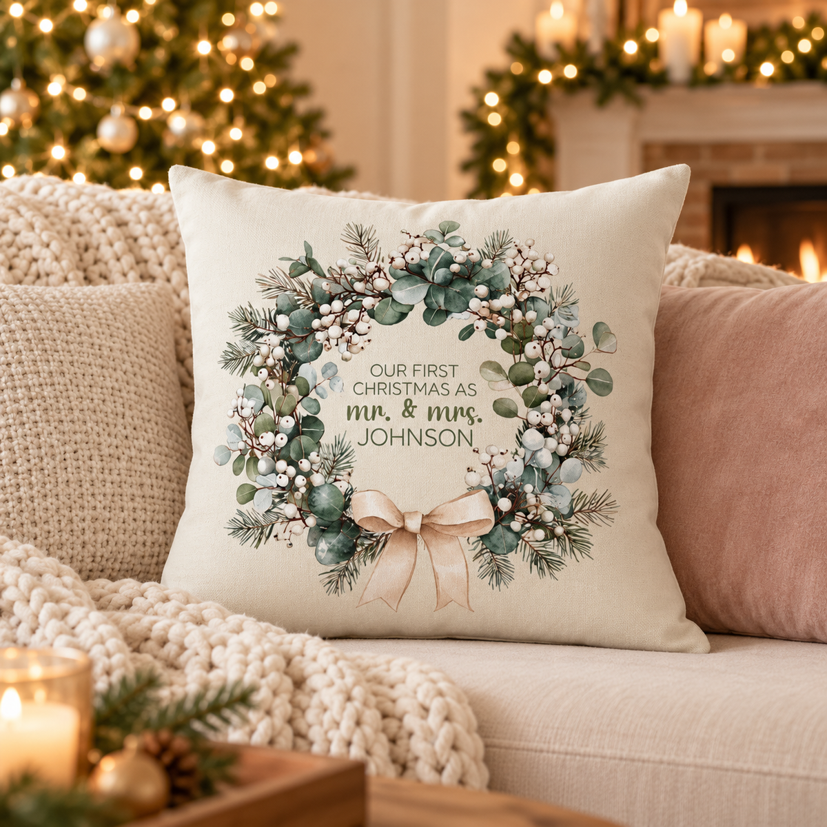 Personalized first Christmas as Mr and Mrs winter white wreath pillow on a sofa in a Christmas living room