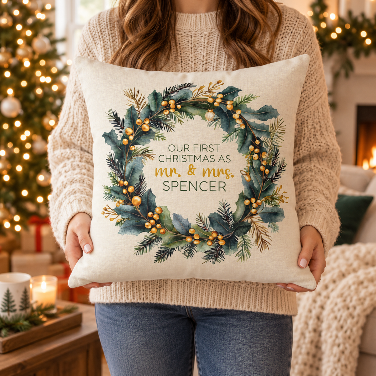Person holding the personalized first Christmas as Mr and Mrs gold berry wreath pillow