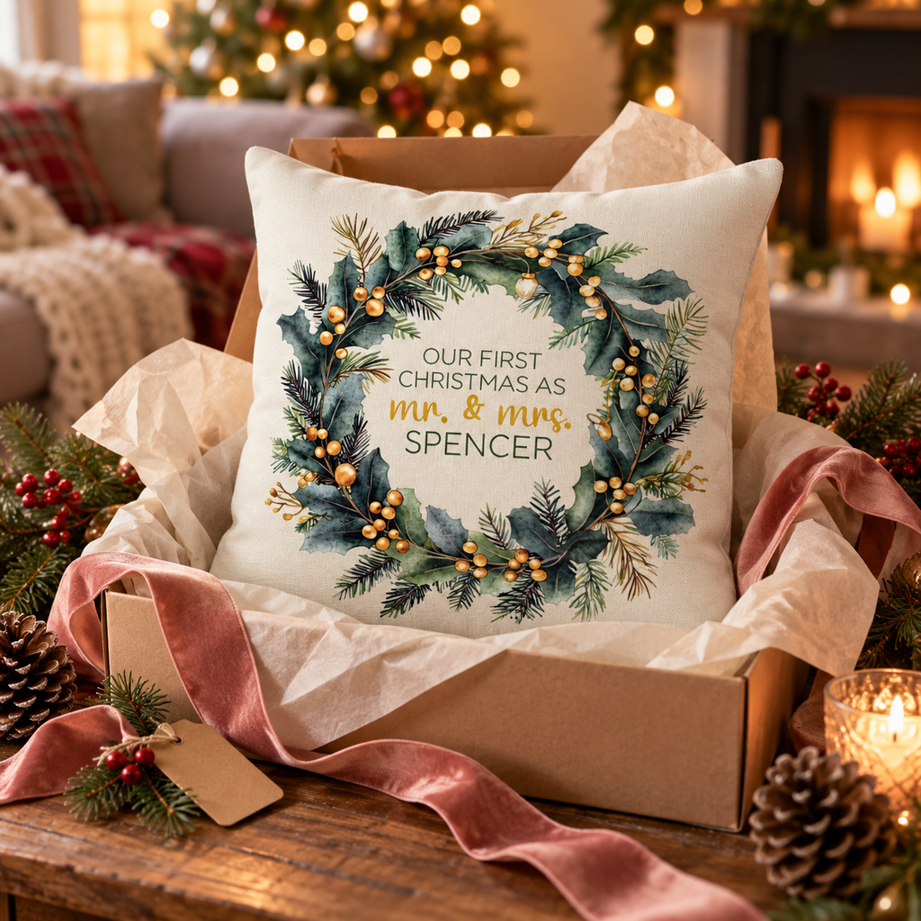 Personalized first Christmas as Mr and Mrs gold berry wreath pillow in an open gift box