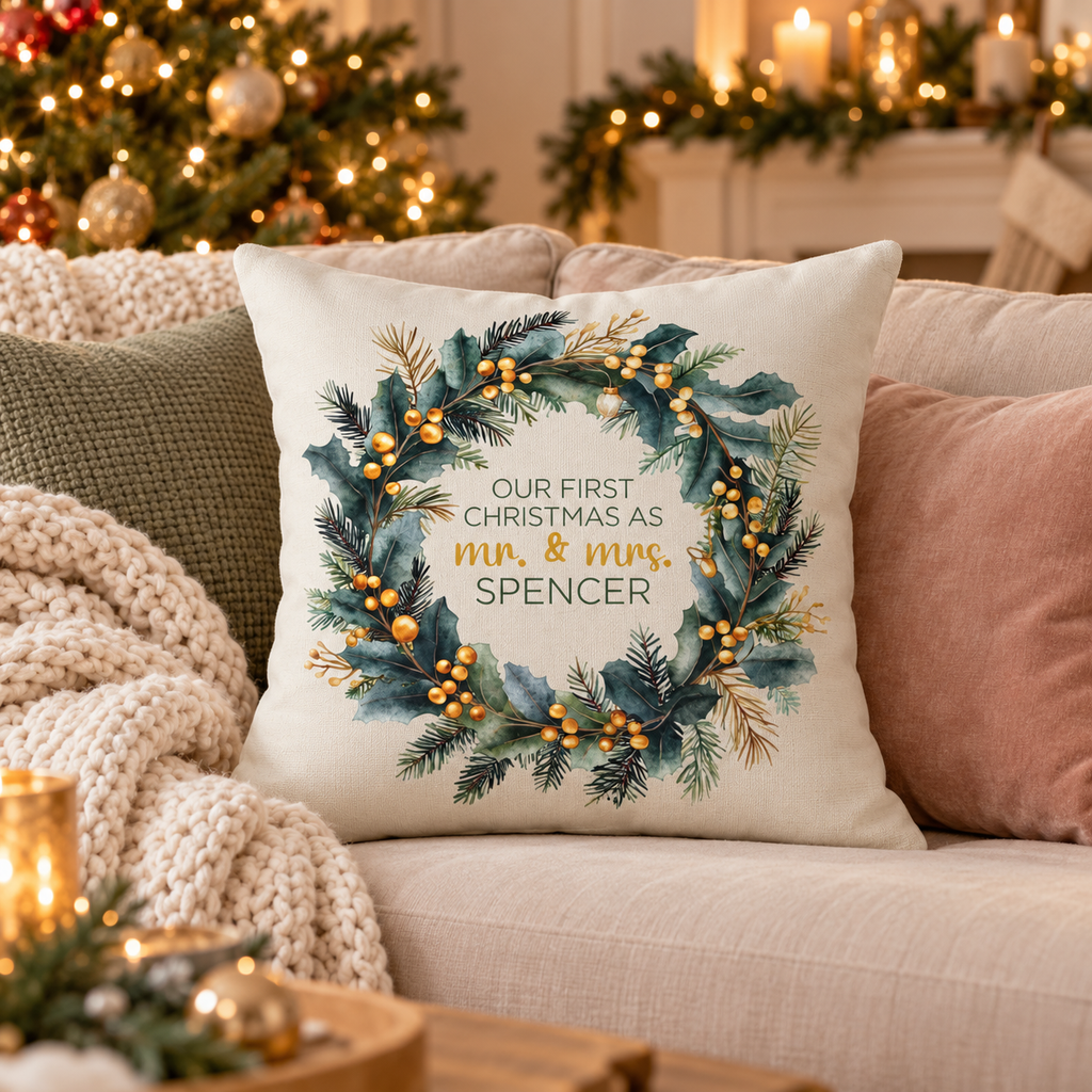 Personalized first Christmas as Mr and Mrs gold berry wreath pillow on a sofa in a Christmas living room