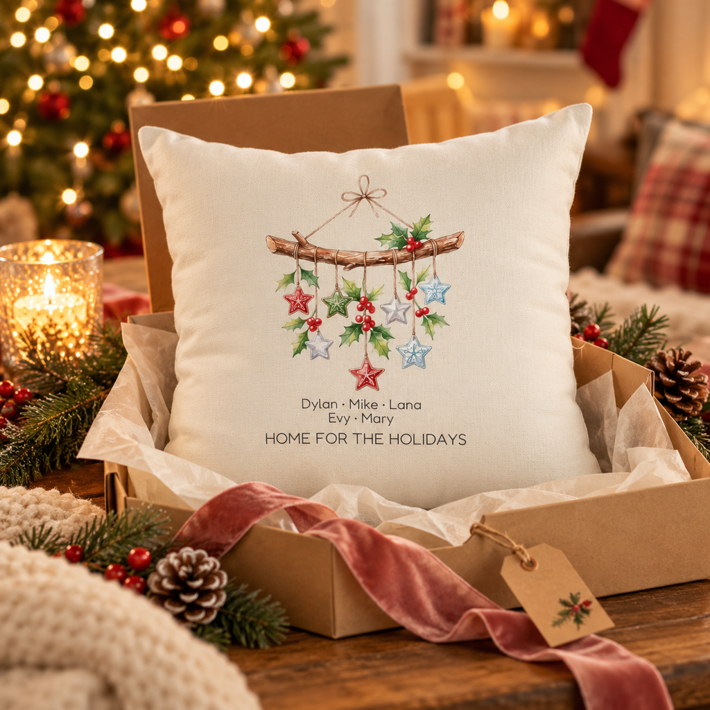Personalized Home for the Holidays star mobile pillow in an open gift box