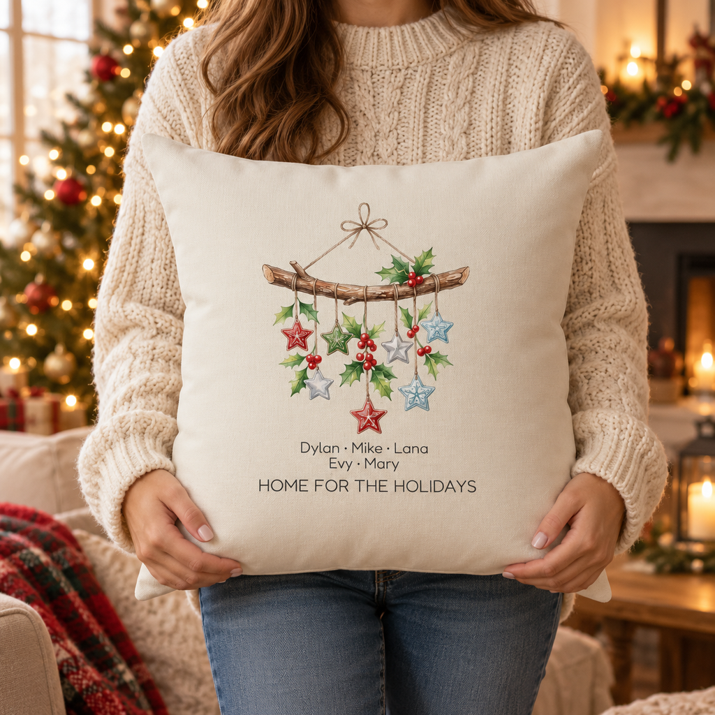Person holding the personalized Home for the Holidays star mobile pillow