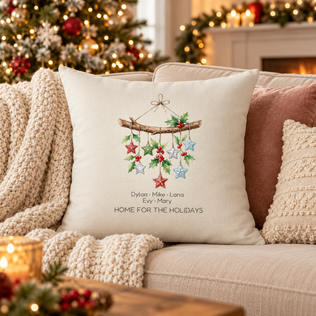 Personalized Home for the Holidays star mobile pillow on a sofa in a Christmas living room