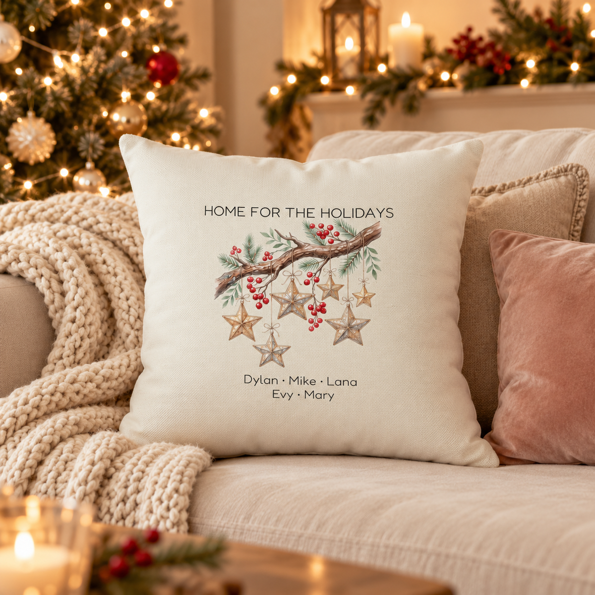 Personalized Home for the Holidays wooden stars pillow on a sofa in a Christmas living room