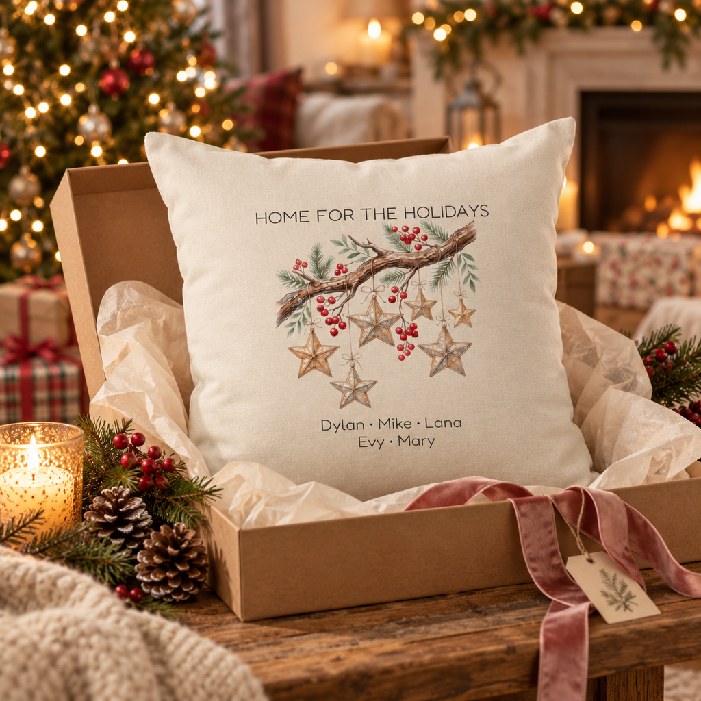 Personalized Home for the Holidays wooden stars pillow in an open gift box