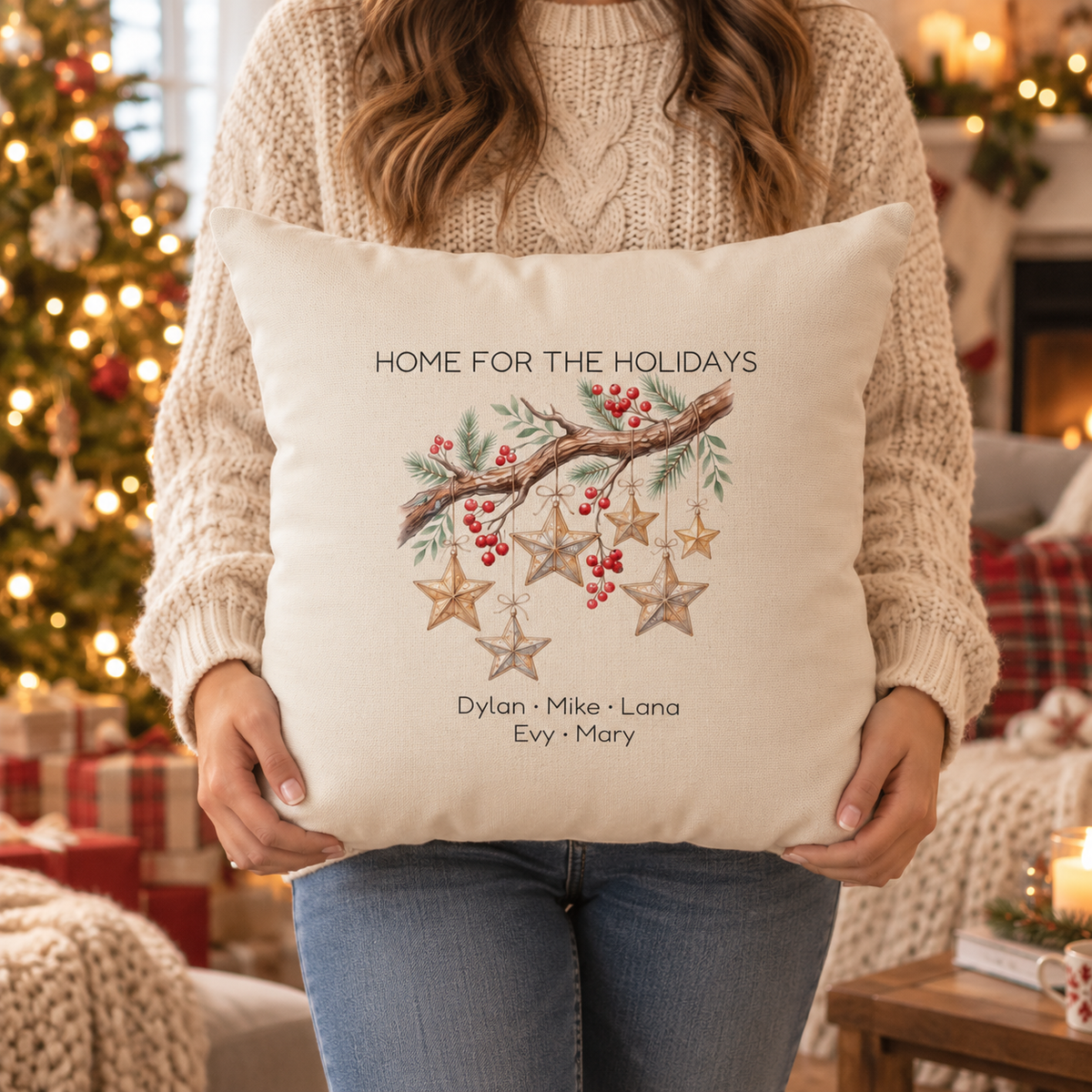 Person holding the personalized Home for the Holidays wooden stars pillow