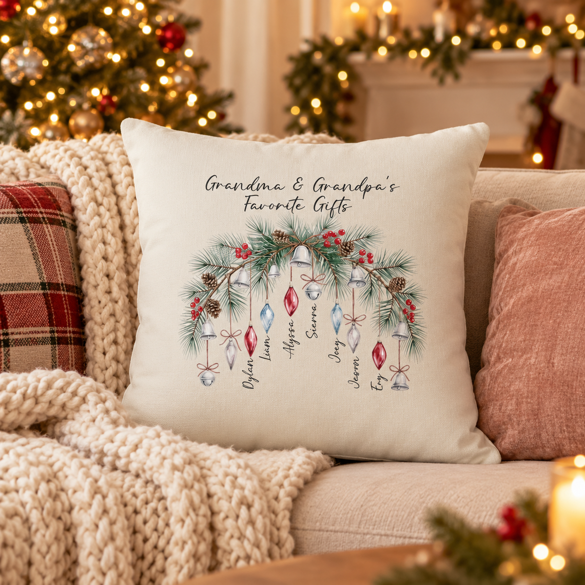 Personalized Grandma and Grandpa's Favorite Gifts ornament pillow on a sofa in a Christmas living room
