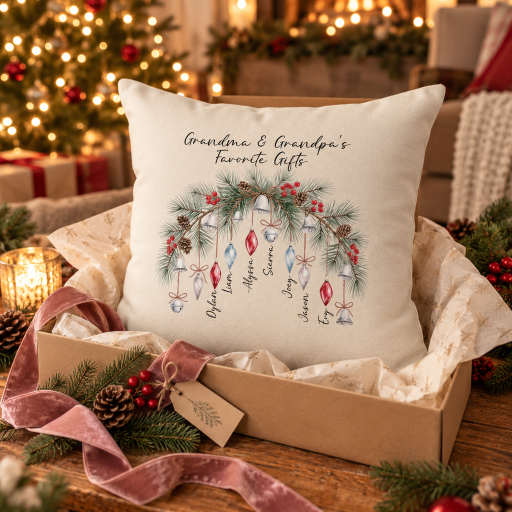 Personalized Grandma and Grandpa's Favorite Gifts ornament pillow in an open gift box