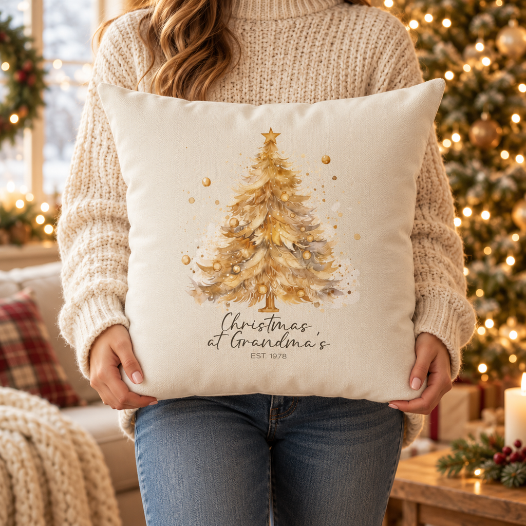 Person holding the personalized Christmas at Grandma's gold tree pillow