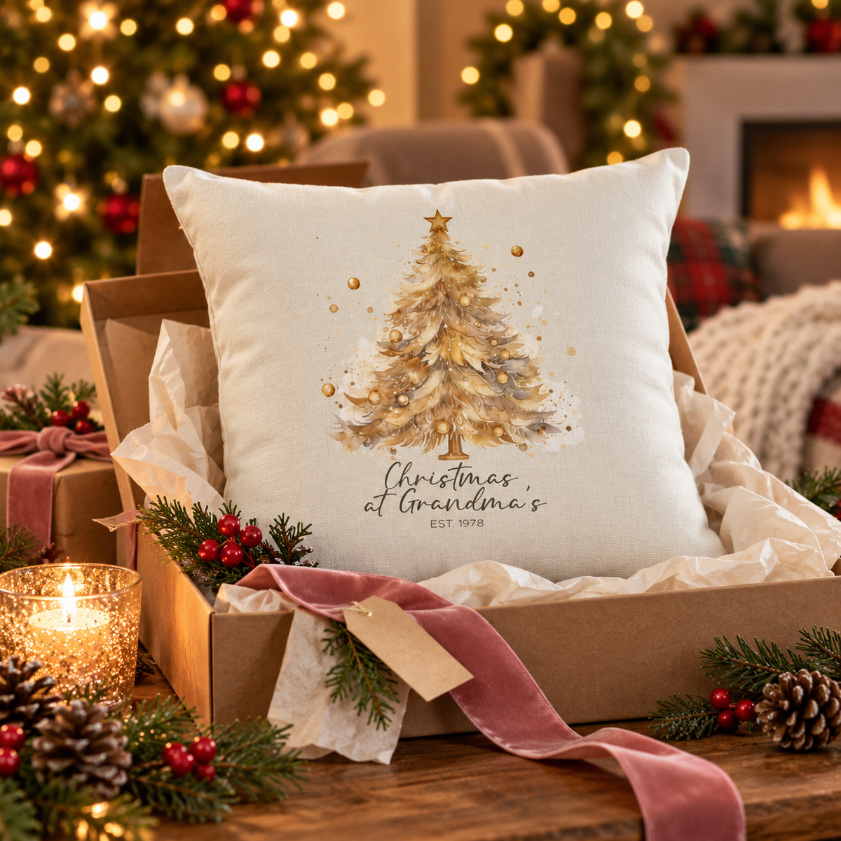 Personalized Christmas at Grandma's gold tree pillow in an open gift box