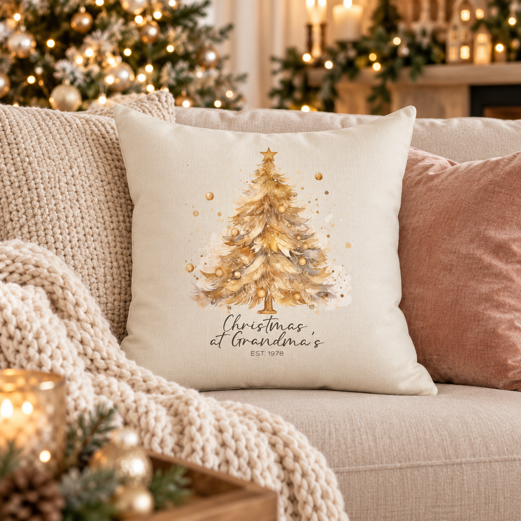 Personalized Christmas at Grandma's gold tree pillow on a sofa in a Christmas living room