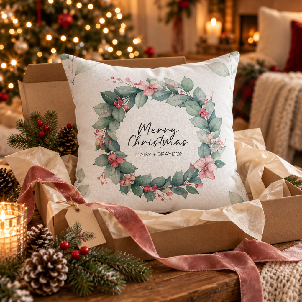 Personalized Merry Christmas eucalyptus wreath couple pillow in an open gift box