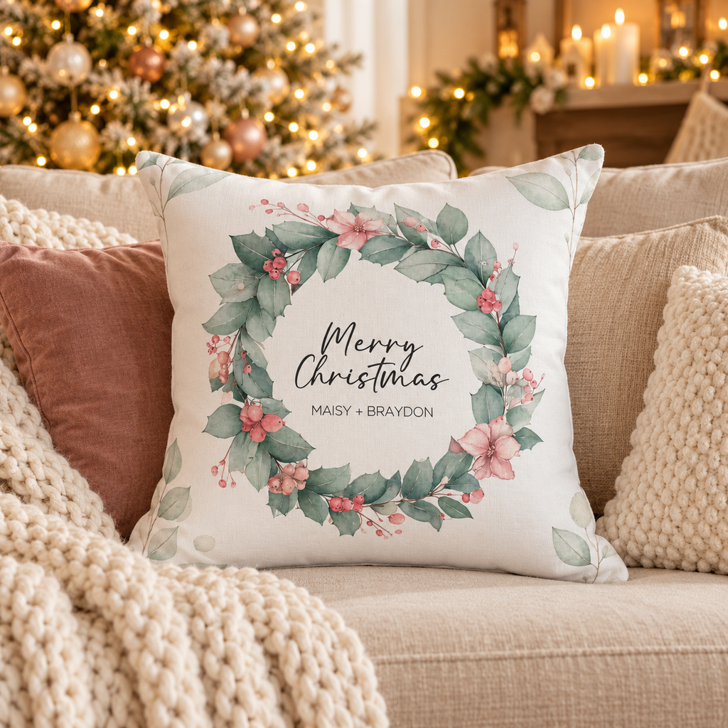 Personalized Merry Christmas eucalyptus wreath couple pillow on a sofa in a Christmas living room