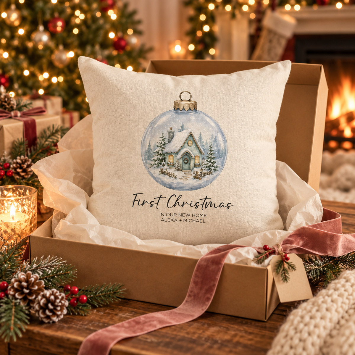 Personalized first Christmas in our new home snow globe pillow in an open gift box