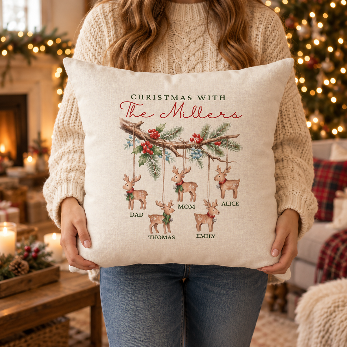 Person holding the personalized reindeer ornaments family names Christmas pillow