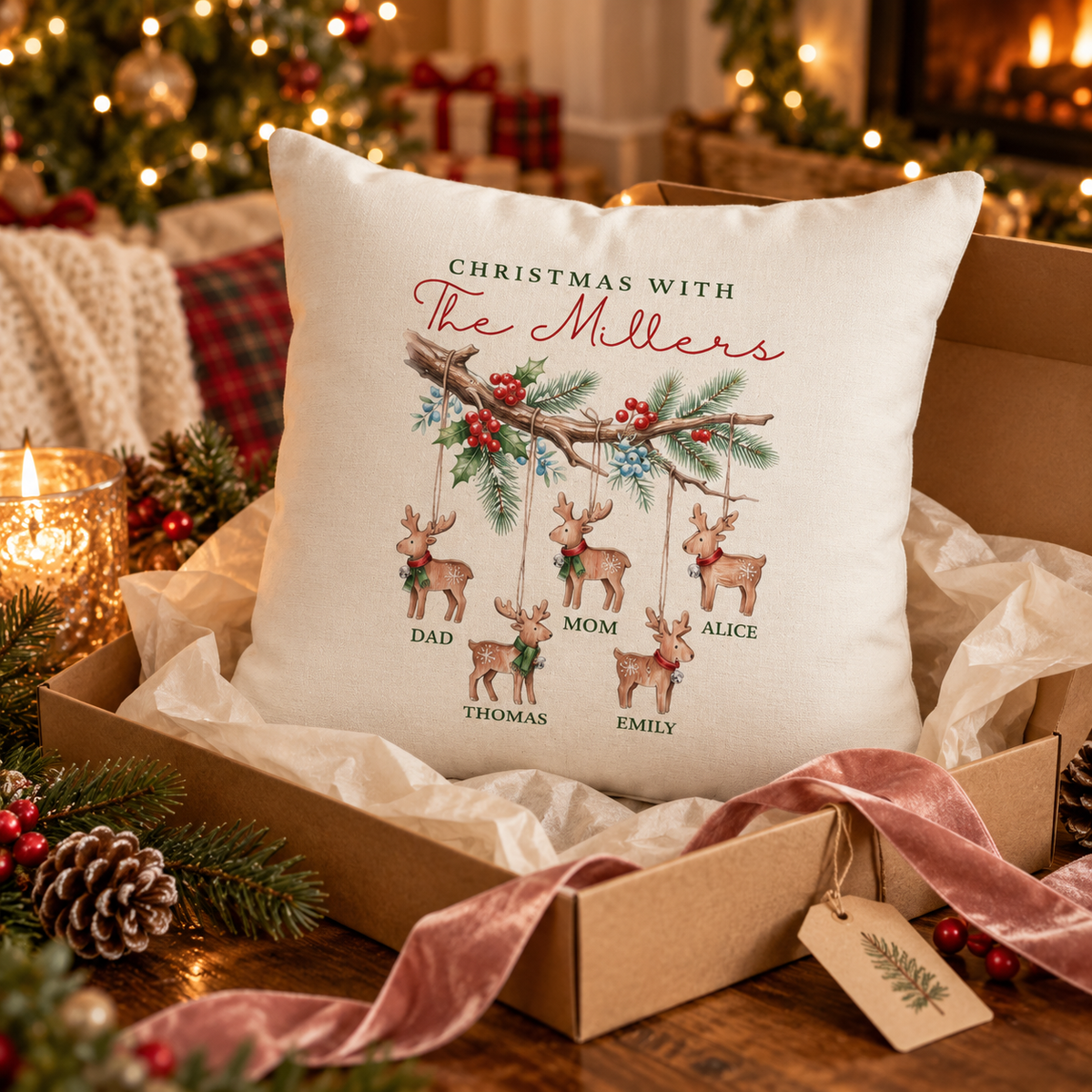 Personalized reindeer ornaments family names Christmas pillow in an open gift box