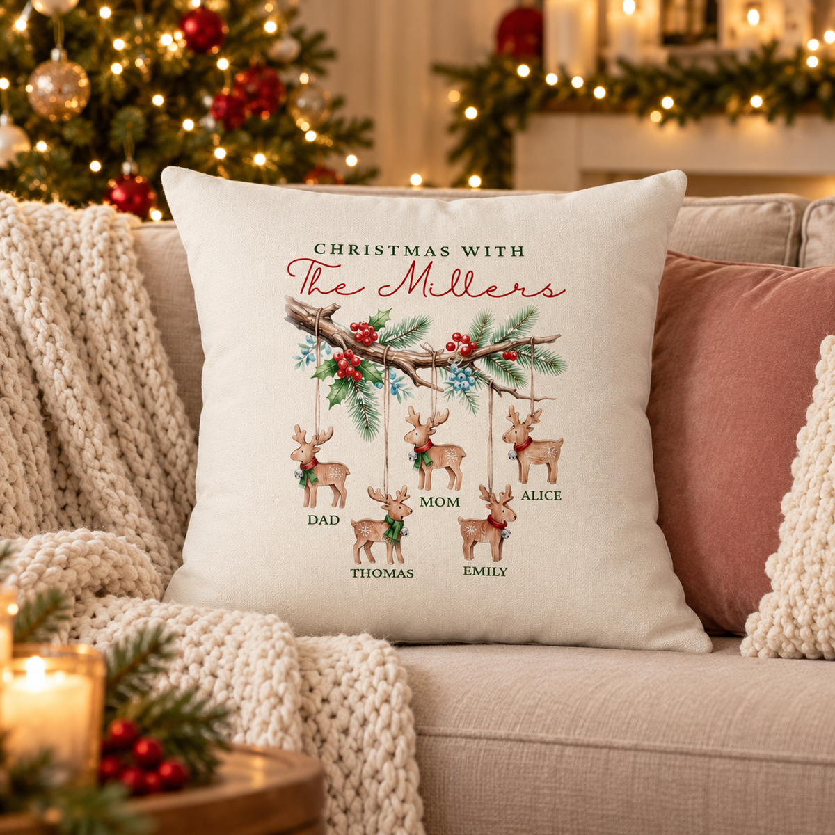 Personalized reindeer ornaments family names Christmas pillow on a sofa in a Christmas living room
