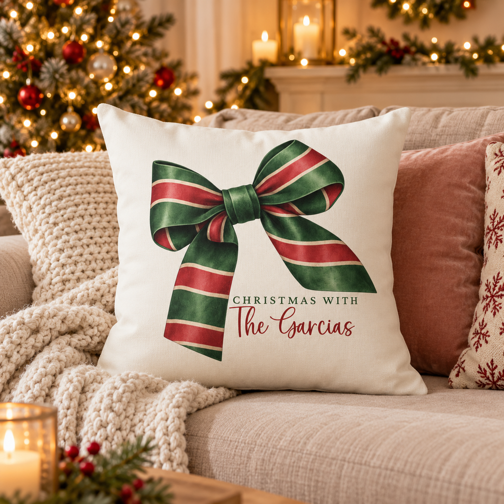 Personalized striped ribbon bow family name Christmas pillow on a sofa in a Christmas living room