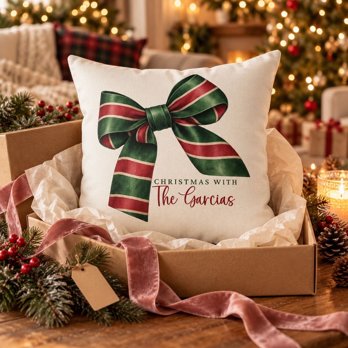 Personalized striped ribbon bow family name Christmas pillow in an open gift box