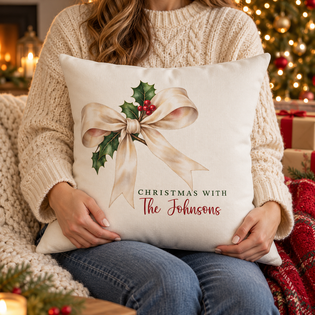 Person holding the personalized cream bow and holly family name Christmas pillow