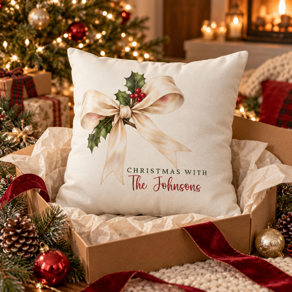 Personalized cream bow and holly family name Christmas pillow in an open gift box