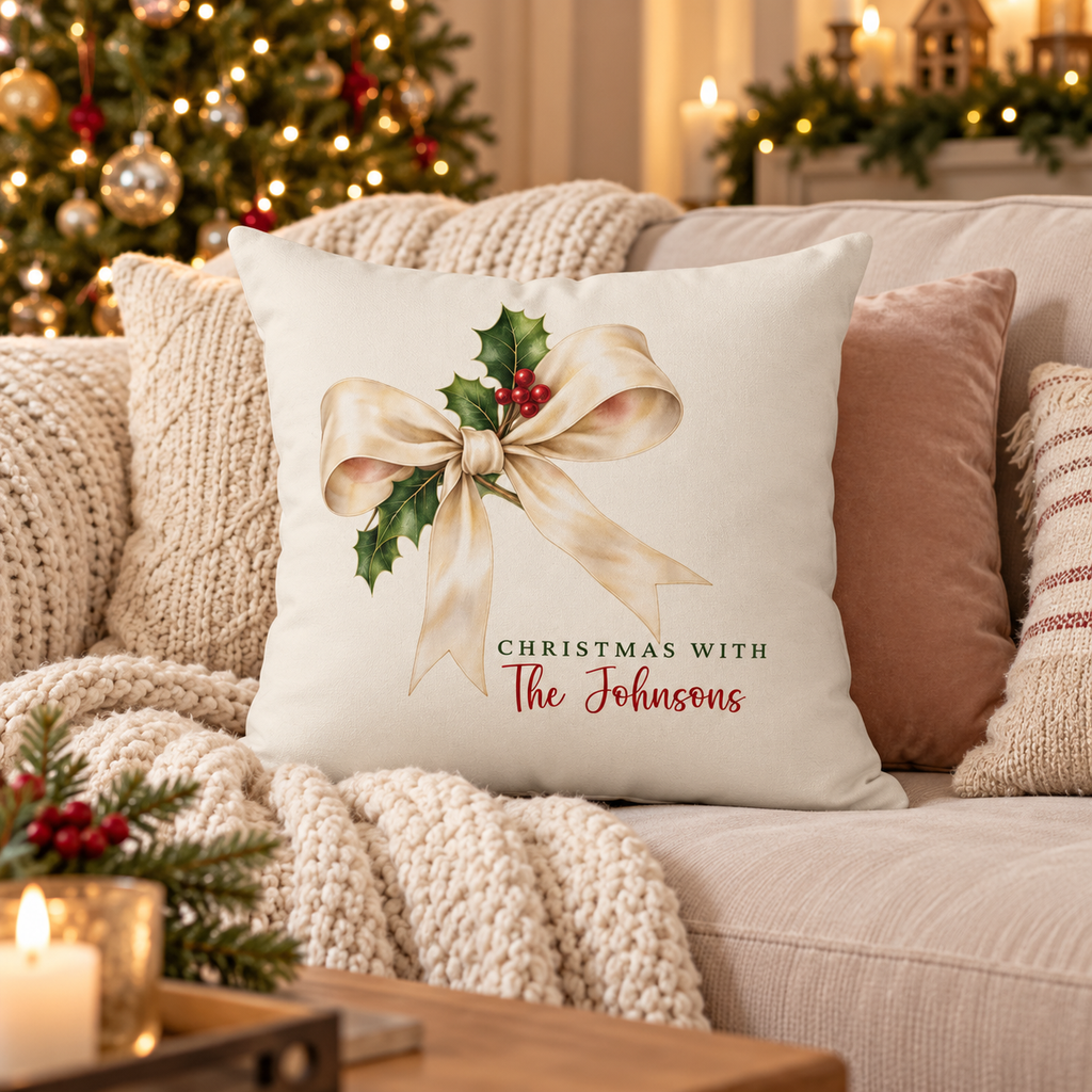 Personalized cream bow and holly family name Christmas pillow on a sofa in a Christmas living room