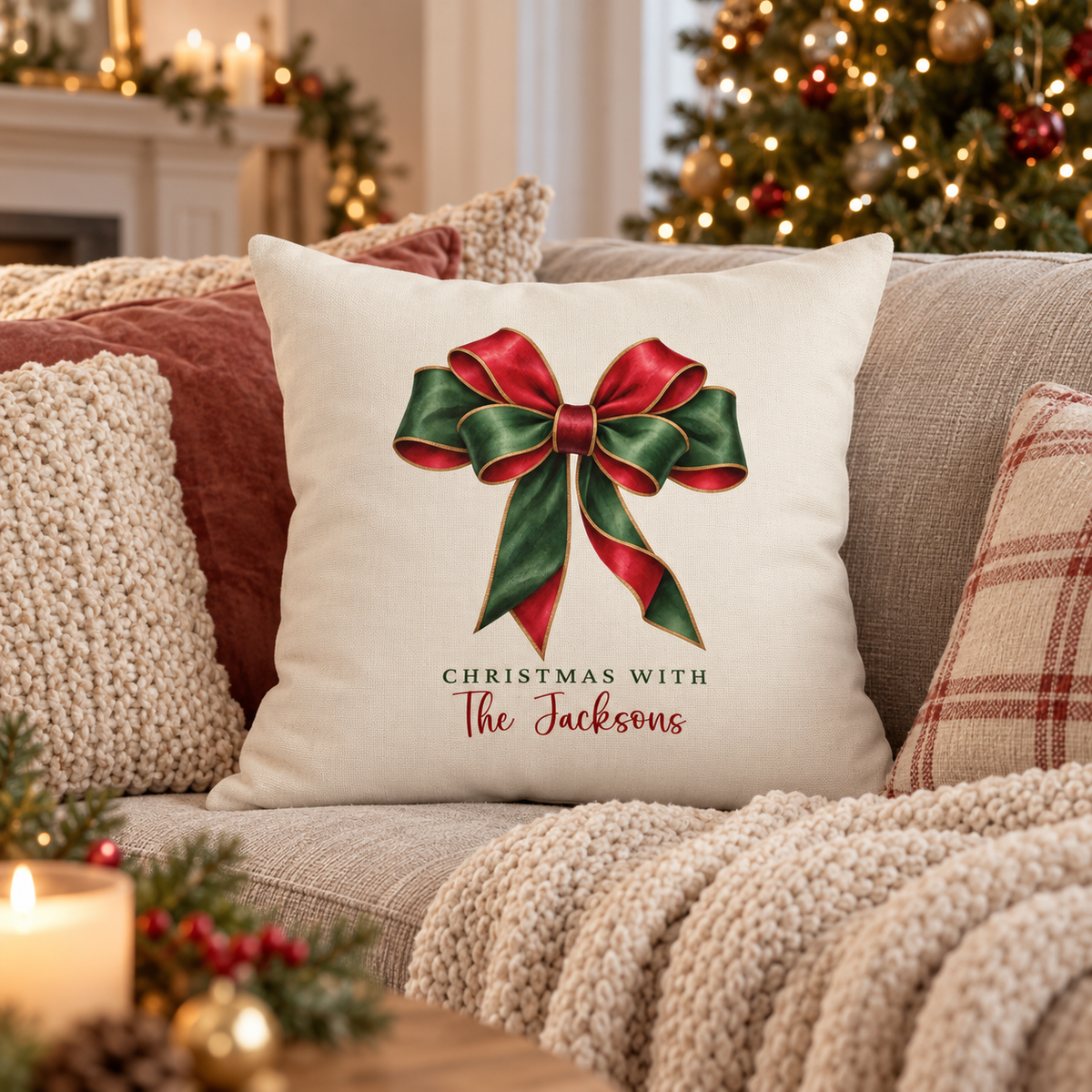 Personalized red and green bow family name Christmas pillow on a sofa in a Christmas living room