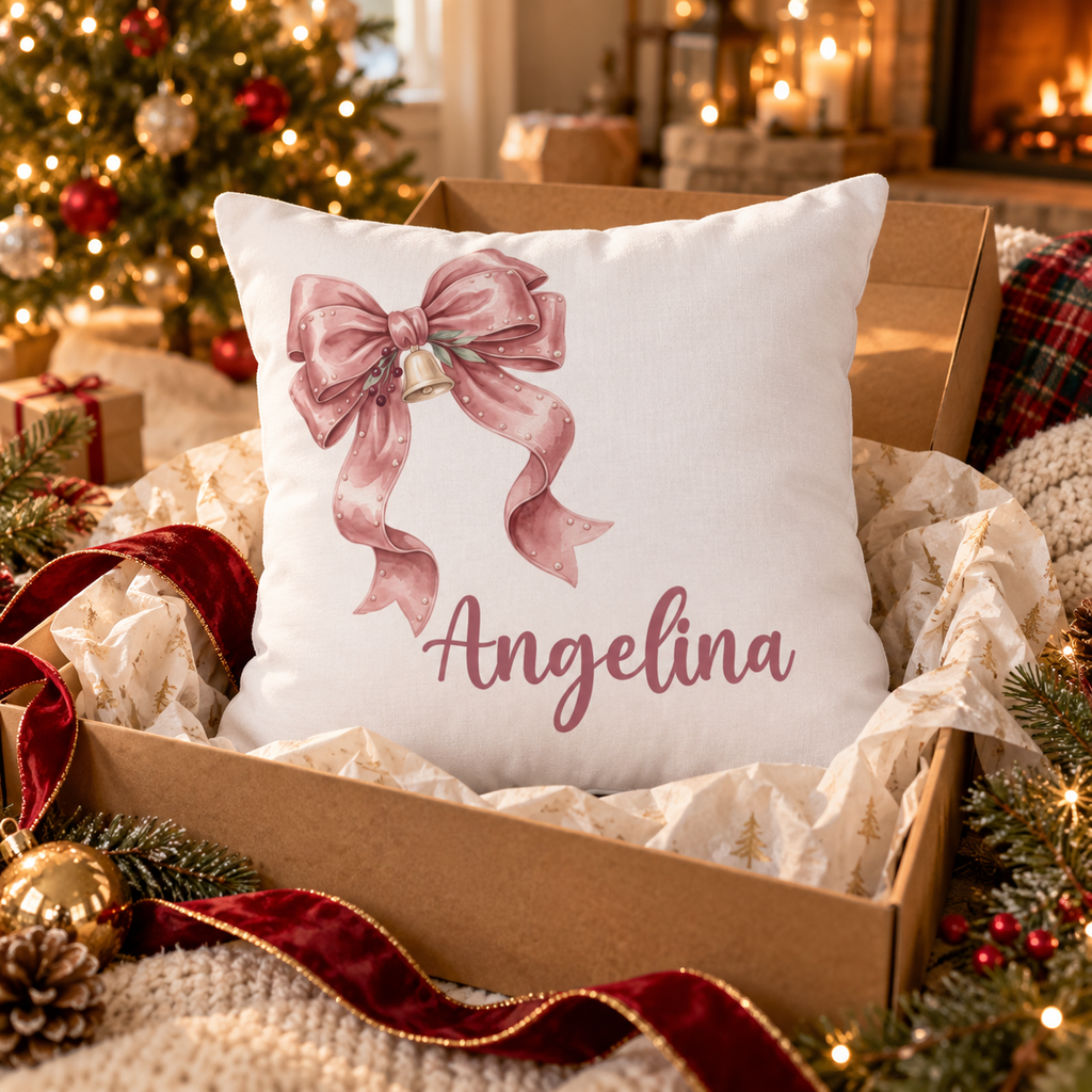 Personalized pink ribbon bow name pillow in an open gift box