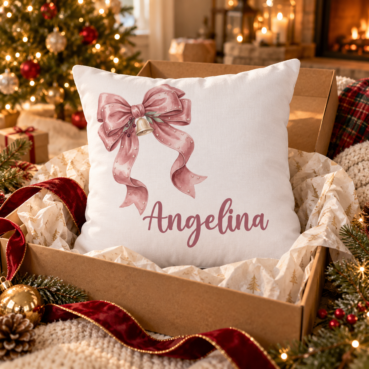 Personalized pink ribbon bow name pillow in an open gift box
