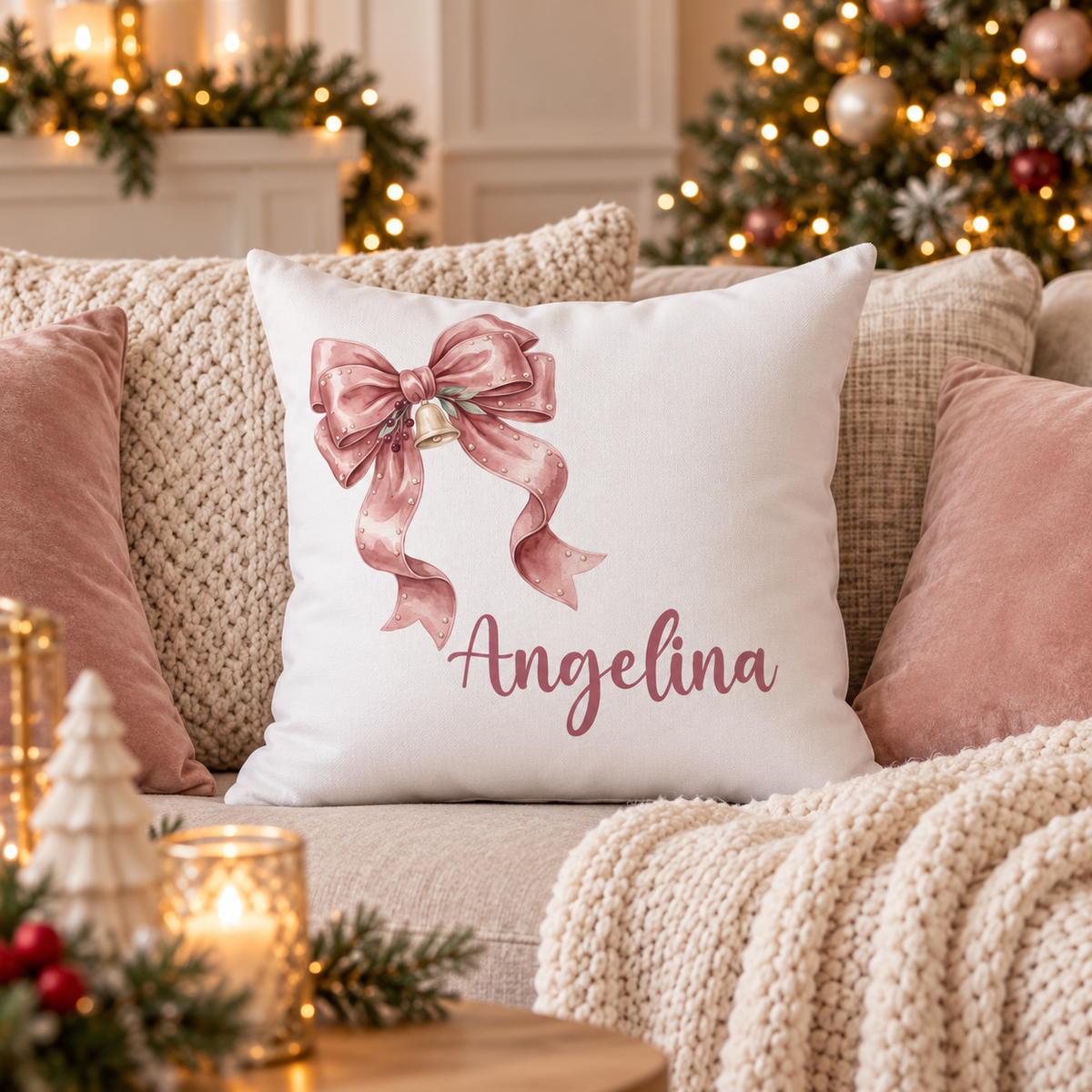 Personalized pink ribbon bow name pillow on a sofa in a Christmas living room