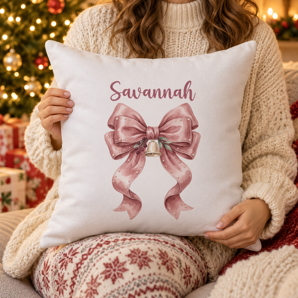Person holding the personalized blush velvet bow name pillow