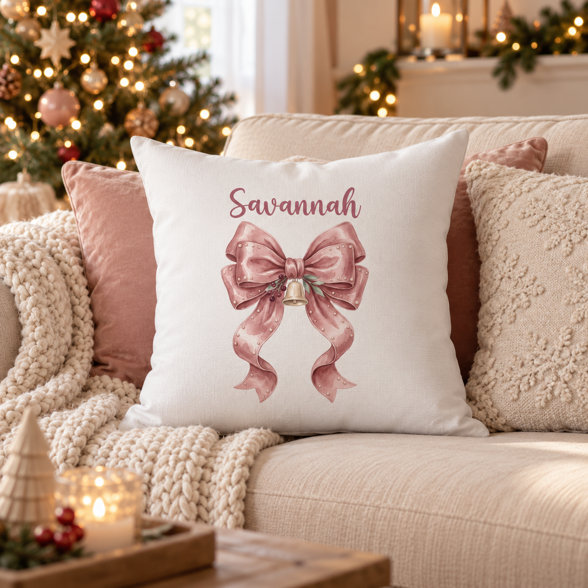 Personalized blush velvet bow name pillow on a sofa in a Christmas living room