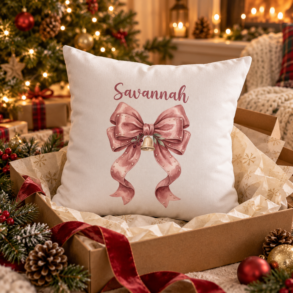 Personalized blush velvet bow name pillow in an open gift box