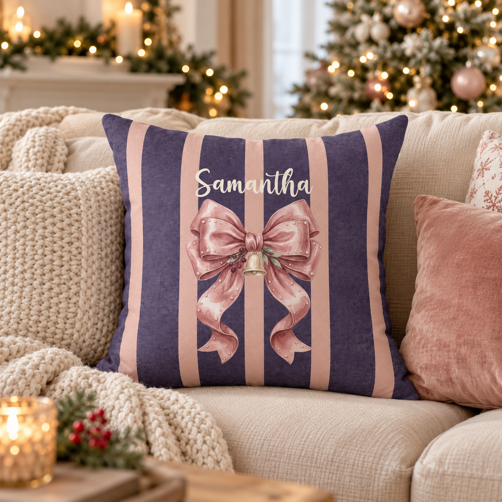 Personalized pink bow name pillow on plum stripes on a sofa in a Christmas living room