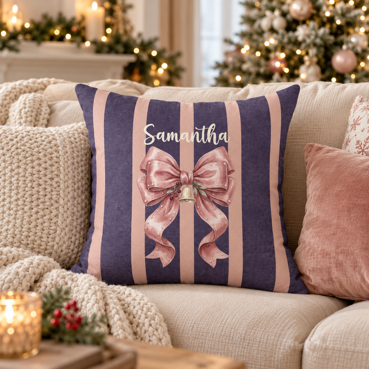 Personalized pink bow name pillow on plum stripes on a sofa in a Christmas living room